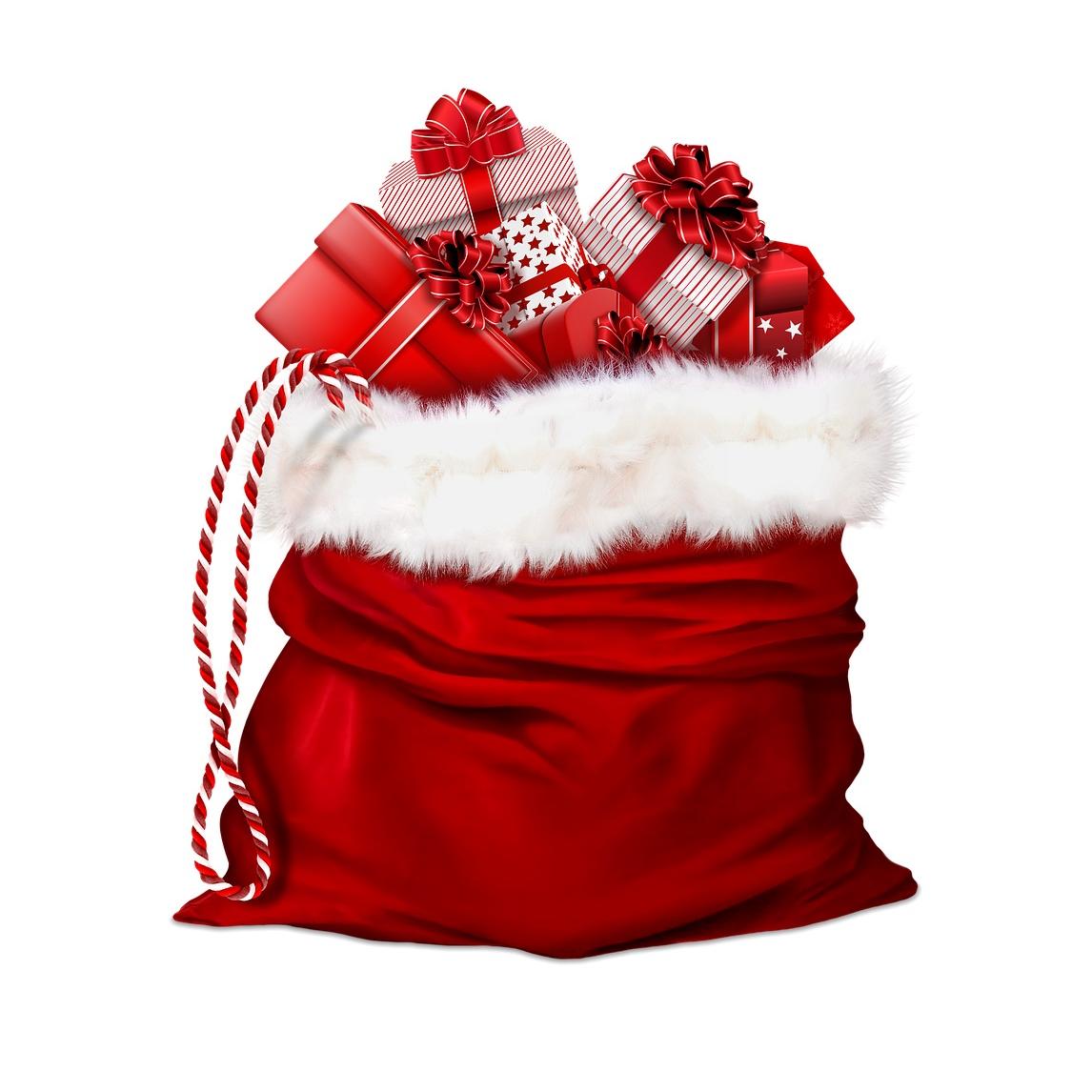 Sie sehen einen roten Geschenkesack, gefüllt mit verschiedenen Pakten