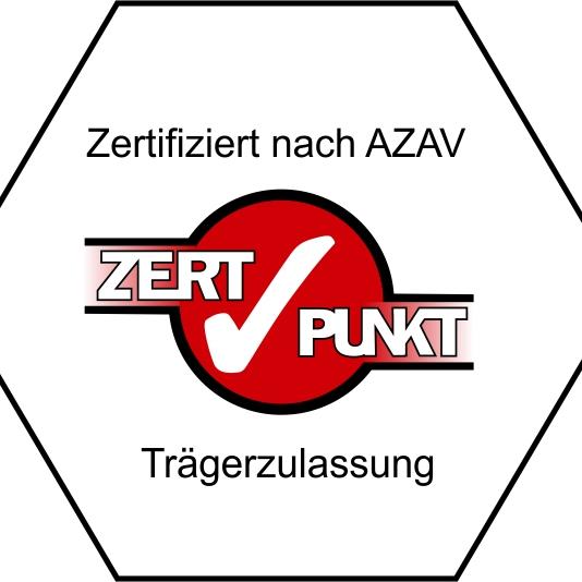 Sie sehen das Logo der Zertifizierungsstelle nach AZAV mit einer Verlinkung auf die Zertifikatsurkunde