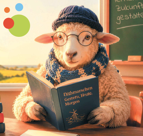 Programm Herbst 2026 Tielbild zum Programmheft Herbst 2026: Ein Schaf mit blauer vhs-Heide-Mütze liest in einem Buch mit der Aufschrift "Dthmarschen gestern, heute und morgen."